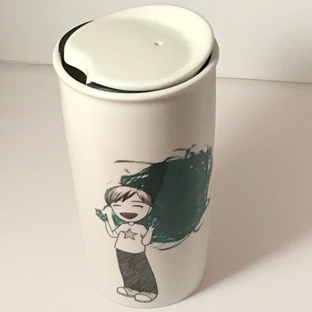 STARBUCKS Boy Painting Green Dot To go Travel Mug